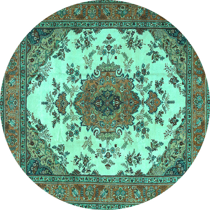 Round Machine Washable Medallion Turquoise Traditional Area Rugs, wshtr4051turq