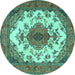 Round Machine Washable Medallion Turquoise Traditional Area Rugs, wshtr4051turq