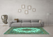 Machine Washable Medallion Turquoise Traditional Area Rugs in a Living Room,, wshtr4051turq