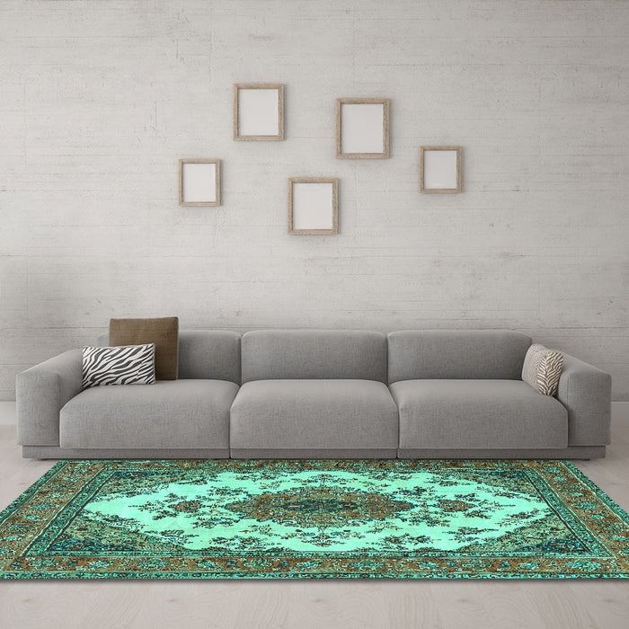 Machine Washable Medallion Turquoise Traditional Area Rugs in a Living Room,, wshtr4051turq