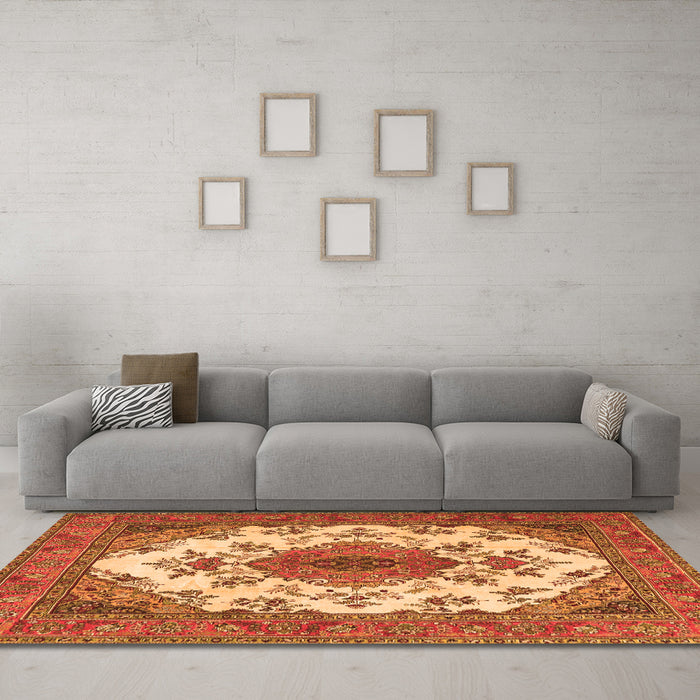 Machine Washable Medallion Orange Traditional Area Rugs in a Living Room, wshtr4051org