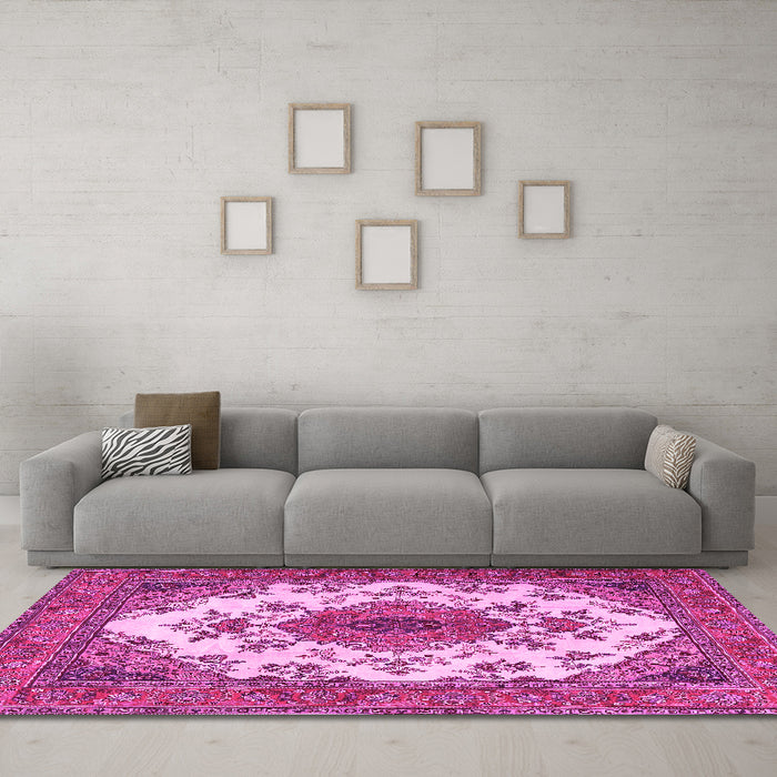 Machine Washable Medallion Pink Traditional Rug in a Living Room, wshtr4051pnk