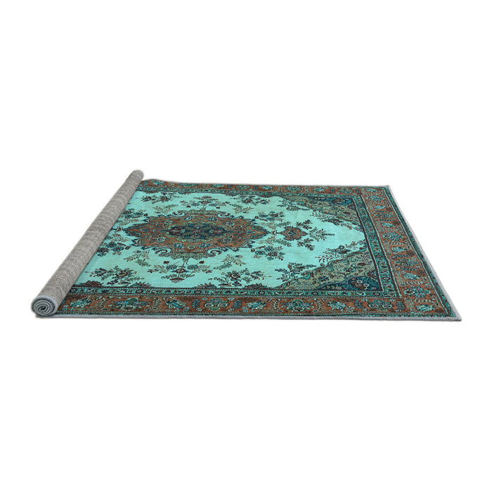 Sideview of Machine Washable Medallion Light Blue Traditional Rug, wshtr4051lblu