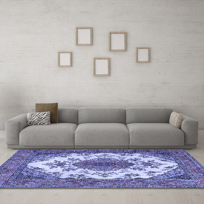 Machine Washable Medallion Blue Traditional Rug in a Living Room, wshtr4051blu