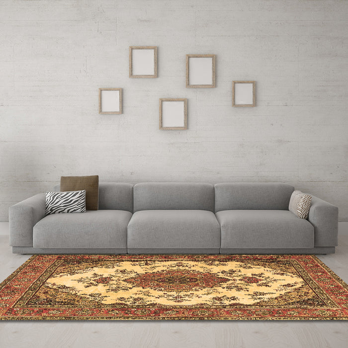 Machine Washable Medallion Brown Traditional Rug in a Living Room,, wshtr4051brn