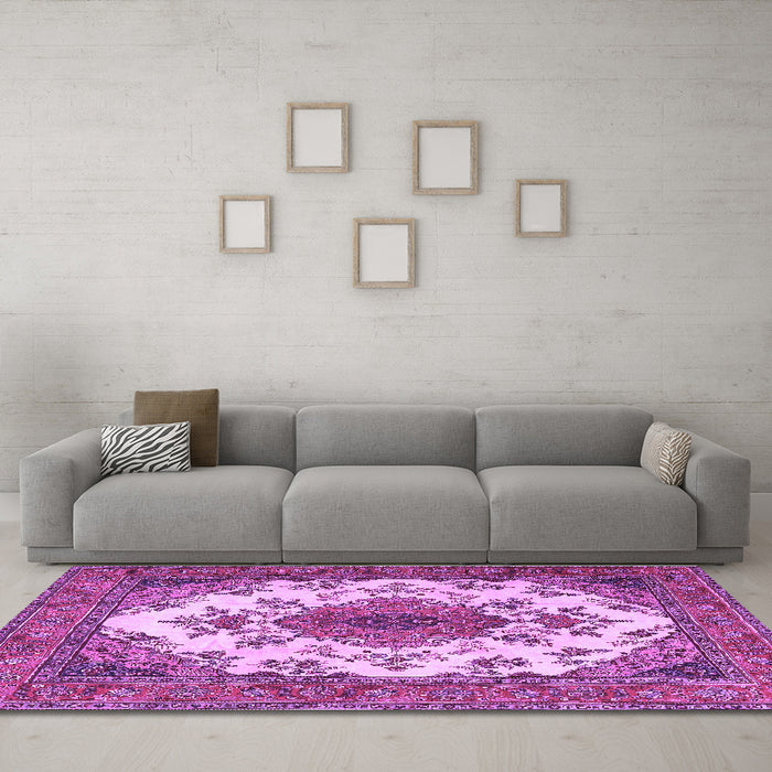 Machine Washable Medallion Purple Traditional Area Rugs in a Living Room, wshtr4051pur