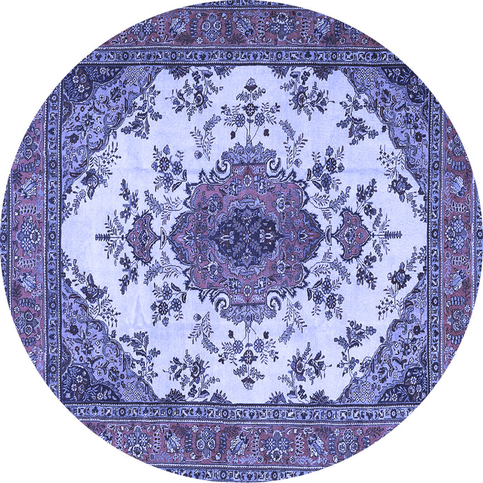 Round Machine Washable Medallion Blue Traditional Rug, wshtr4051blu