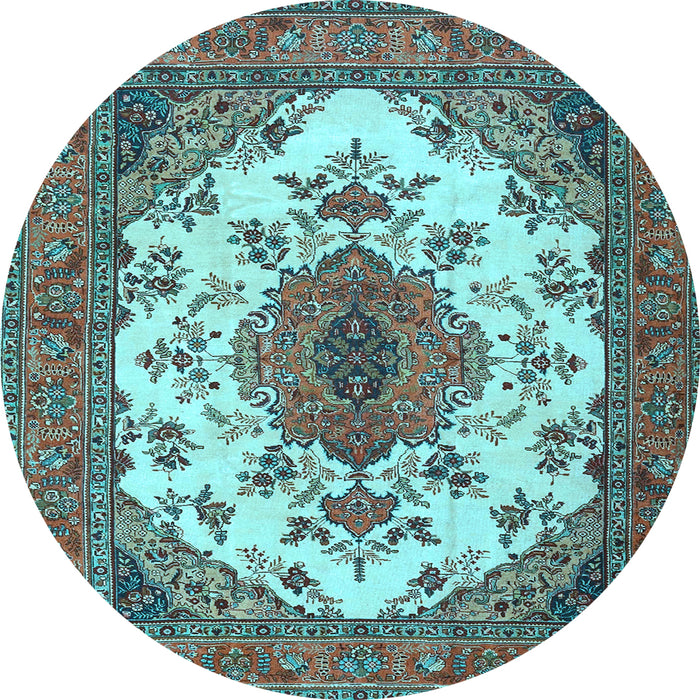 Round Machine Washable Medallion Light Blue Traditional Rug, wshtr4051lblu