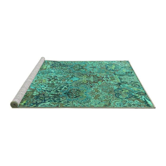 Sideview of Machine Washable Persian Turquoise Traditional Area Rugs, wshtr4052turq