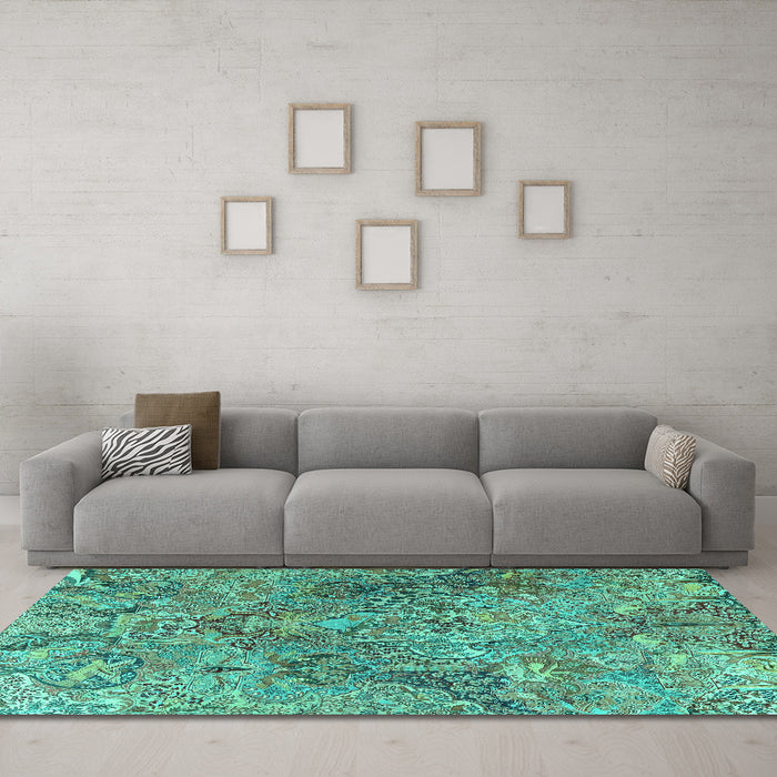 Machine Washable Persian Turquoise Traditional Area Rugs in a Living Room,, wshtr4052turq
