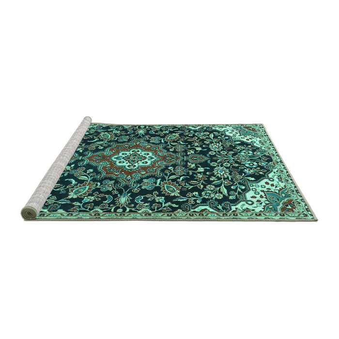 Sideview of Machine Washable Persian Turquoise Traditional Area Rugs, wshtr4053turq