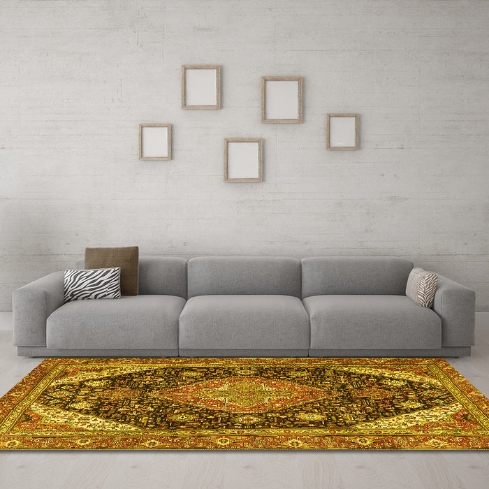 Machine Washable Persian Yellow Traditional Rug in a Living Room, wshtr4054yw