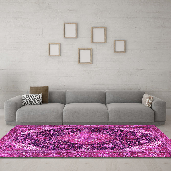 Machine Washable Persian Pink Traditional Rug in a Living Room, wshtr4054pnk