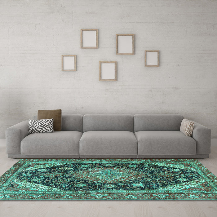 Machine Washable Persian Turquoise Traditional Area Rugs in a Living Room,, wshtr4054turq