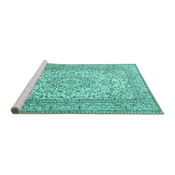 Sideview of Machine Washable Persian Turquoise Traditional Area Rugs, wshtr4055turq