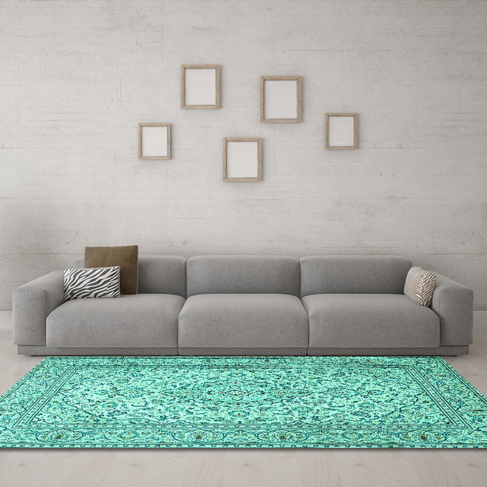 Machine Washable Persian Turquoise Traditional Area Rugs in a Living Room,, wshtr4055turq