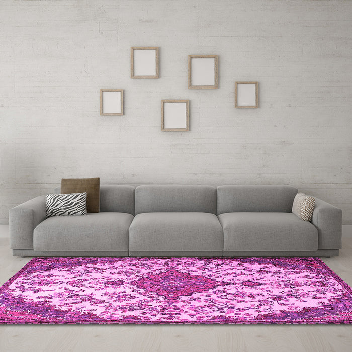 Machine Washable Persian Pink Traditional Rug in a Living Room, wshtr4056pnk
