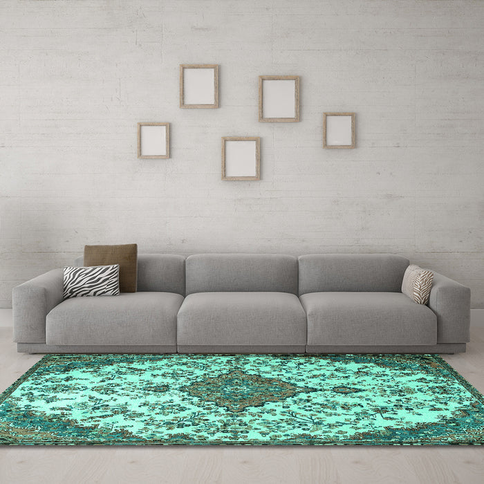 Machine Washable Persian Turquoise Traditional Area Rugs in a Living Room,, wshtr4056turq
