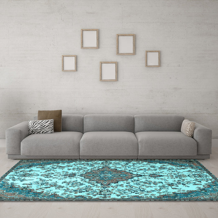 Machine Washable Persian Light Blue Traditional Rug in a Living Room, wshtr4056lblu