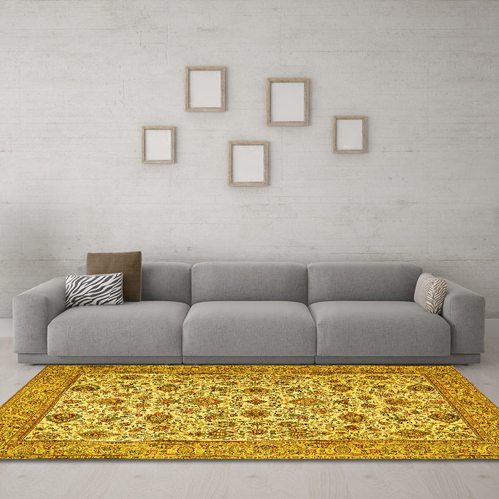 Machine Washable Persian Yellow Traditional Rug in a Living Room, wshtr405yw