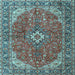 Square Machine Washable Medallion Light Blue Traditional Rug, wshtr4064lblu