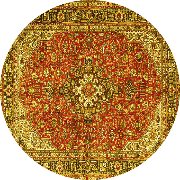 Round Machine Washable Medallion Yellow Traditional Rug, wshtr4064yw