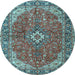 Round Machine Washable Medallion Light Blue Traditional Rug, wshtr4064lblu