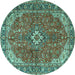 Round Machine Washable Medallion Turquoise Traditional Area Rugs, wshtr4064turq