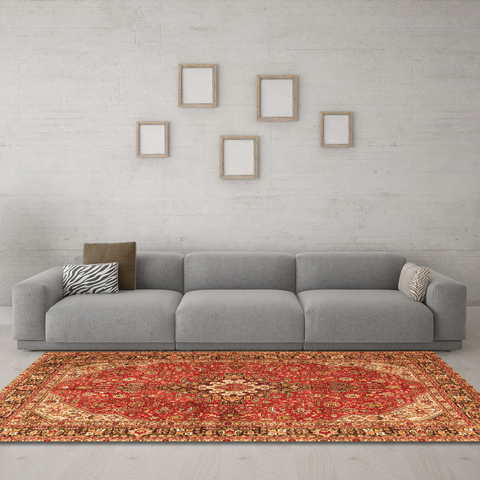Machine Washable Medallion Orange Traditional Area Rugs in a Living Room, wshtr4064org