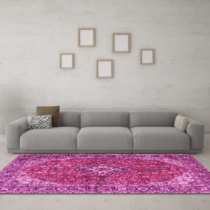 Machine Washable Medallion Pink Traditional Rug in a Living Room, wshtr4064pnk
