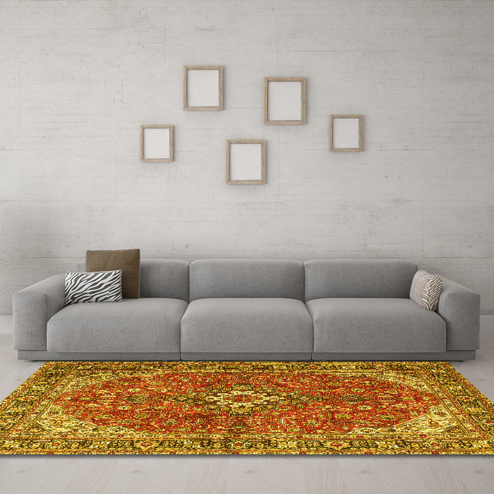 Machine Washable Medallion Yellow Traditional Rug in a Living Room, wshtr4064yw