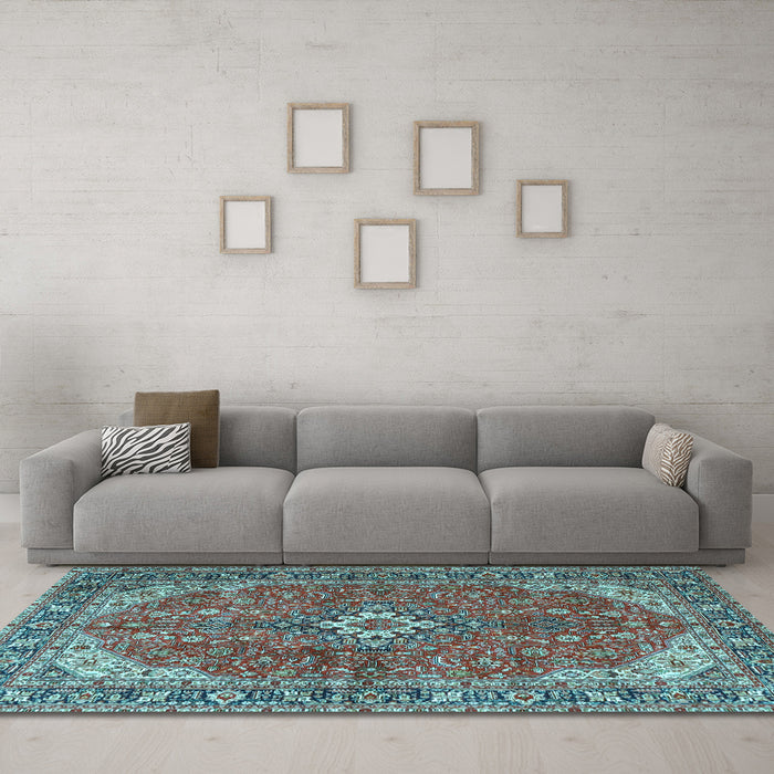 Machine Washable Medallion Light Blue Traditional Rug in a Living Room, wshtr4064lblu