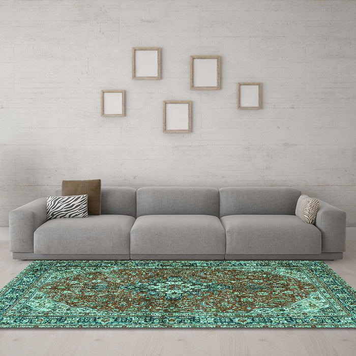 Machine Washable Medallion Turquoise Traditional Area Rugs in a Living Room,, wshtr4064turq