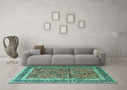 Machine Washable Persian Turquoise Traditional Area Rugs in a Living Room,, wshtr4065turq