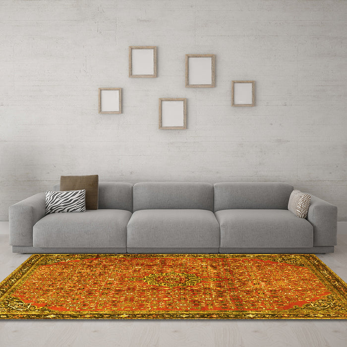 Machine Washable Persian Yellow Traditional Rug in a Living Room, wshtr4067yw