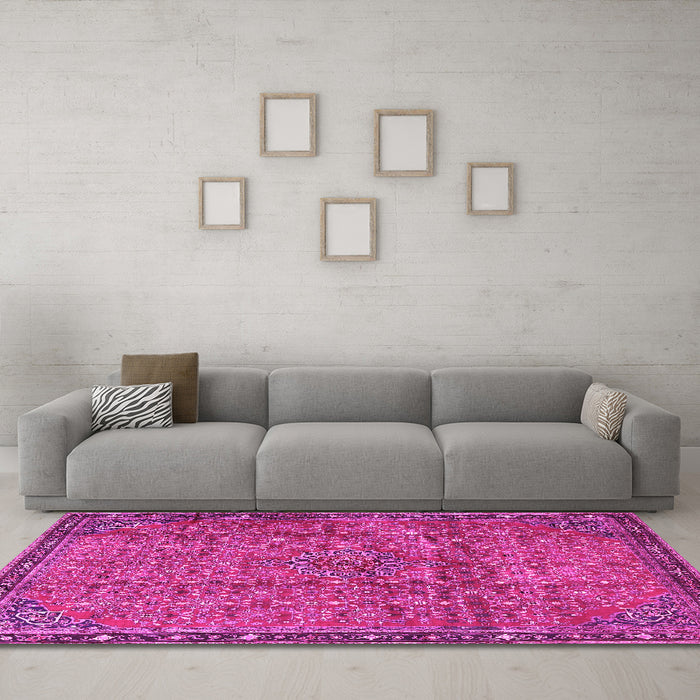 Machine Washable Persian Pink Traditional Rug in a Living Room, wshtr4067pnk