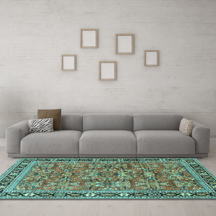 Machine Washable Persian Turquoise Traditional Area Rugs in a Living Room,, wshtr4068turq