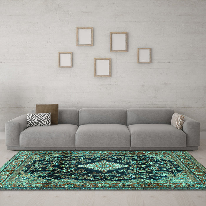 Machine Washable Persian Turquoise Traditional Area Rugs in a Living Room,, wshtr4069turq