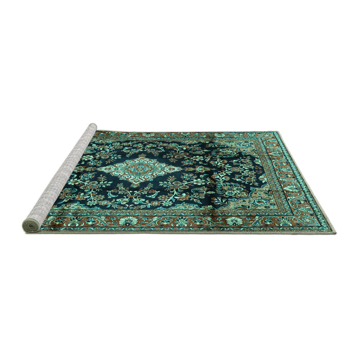 Sideview of Machine Washable Persian Turquoise Traditional Area Rugs, wshtr4069turq