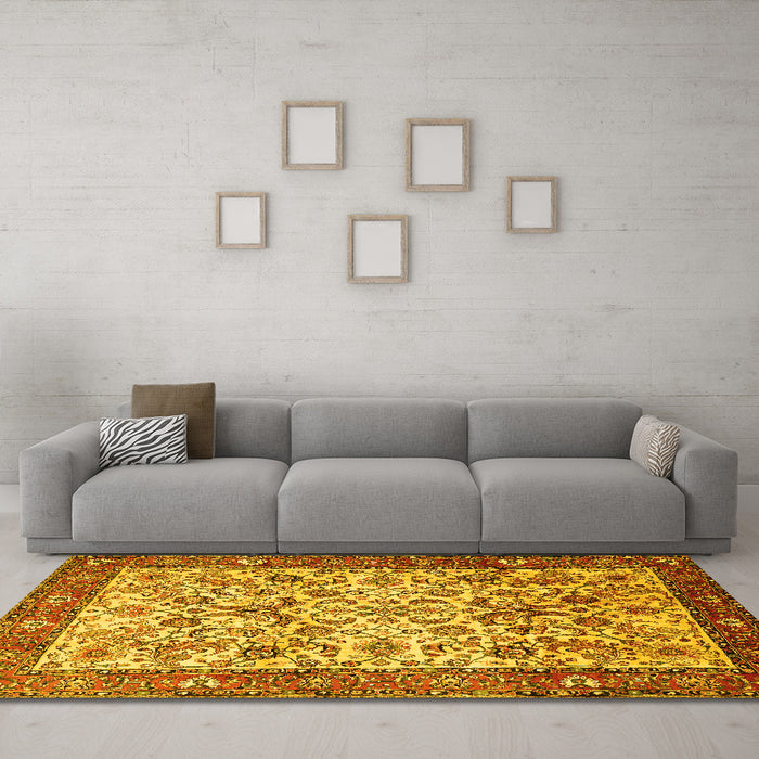 Machine Washable Persian Yellow Traditional Rug in a Living Room, wshtr406yw