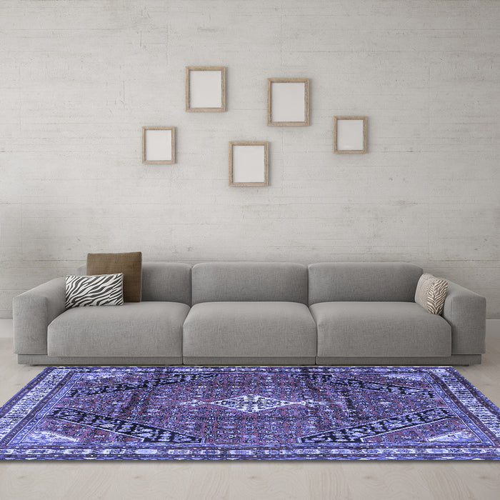 Machine Washable Persian Blue Traditional Rug in a Living Room, wshtr4070blu