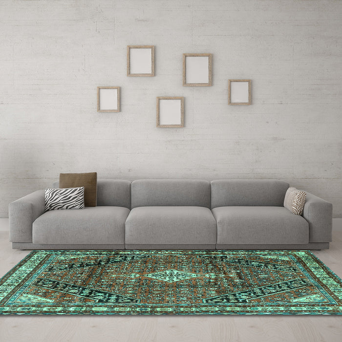 Machine Washable Persian Turquoise Traditional Area Rugs in a Living Room,, wshtr4070turq