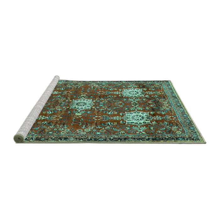 Sideview of Machine Washable Persian Turquoise Traditional Area Rugs, wshtr4071turq