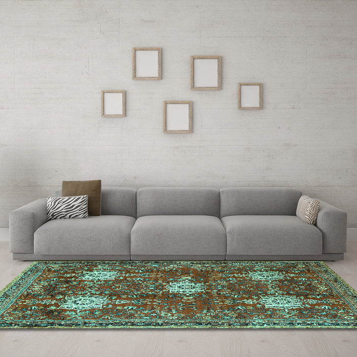 Machine Washable Persian Turquoise Traditional Area Rugs in a Living Room,, wshtr4071turq