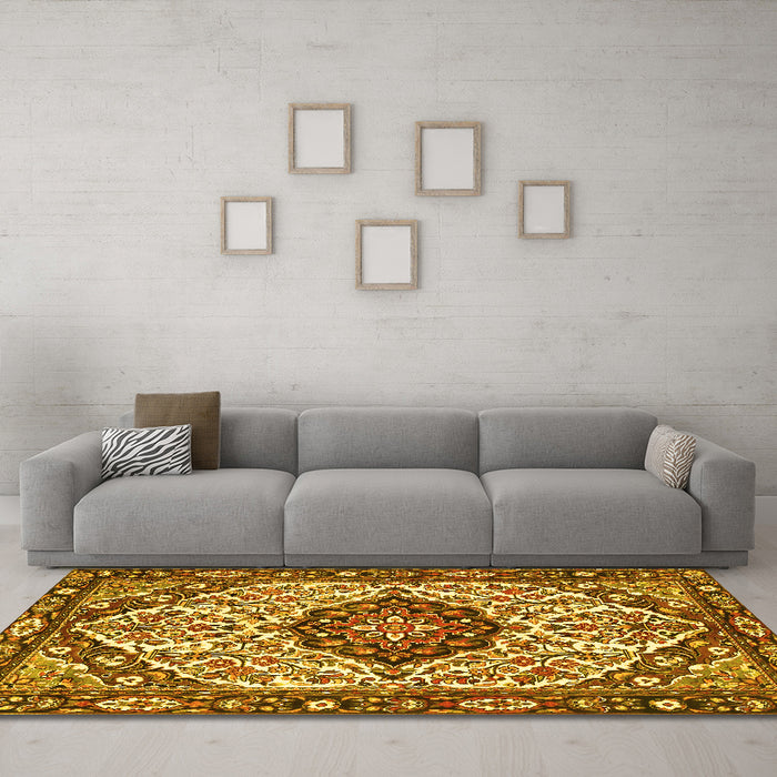 Machine Washable Persian Yellow Traditional Rug in a Living Room, wshtr4072yw
