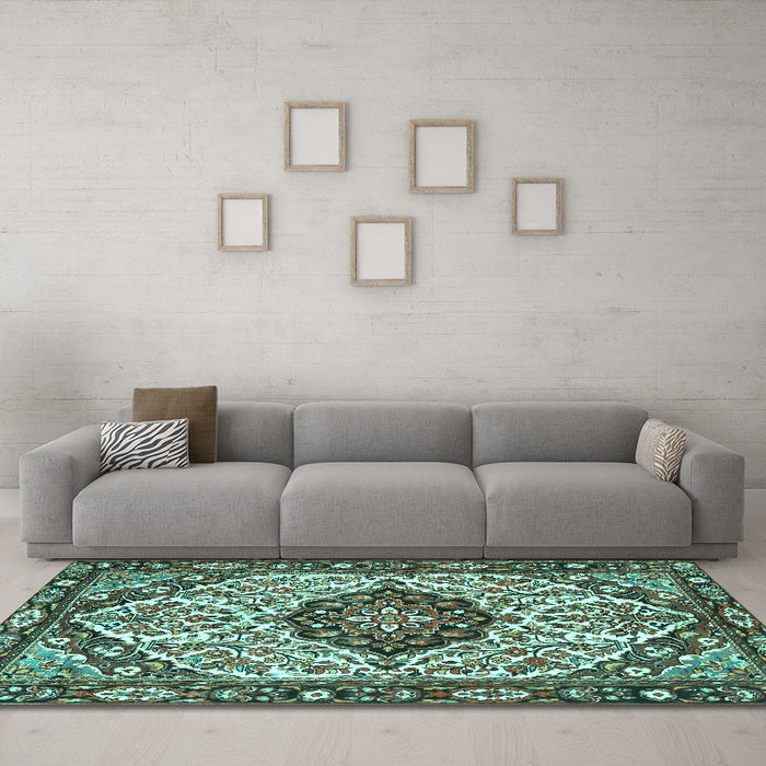 Machine Washable Persian Turquoise Traditional Area Rugs in a Living Room,, wshtr4072turq