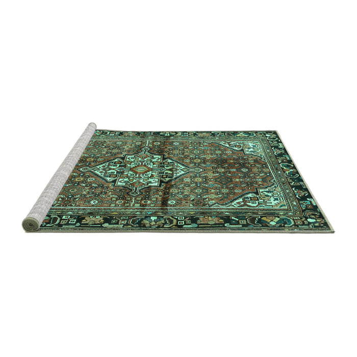 Sideview of Machine Washable Persian Turquoise Traditional Area Rugs, wshtr4073turq