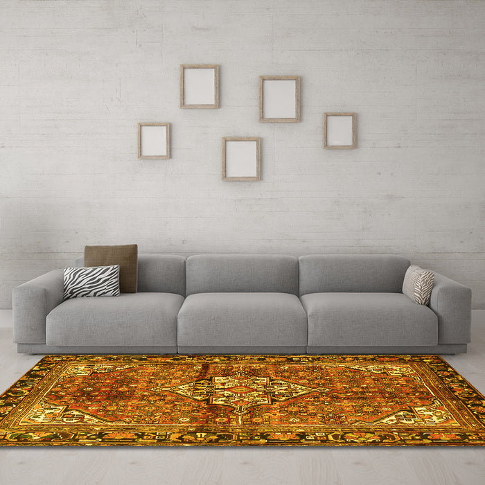 Machine Washable Persian Yellow Traditional Rug in a Living Room, wshtr4073yw