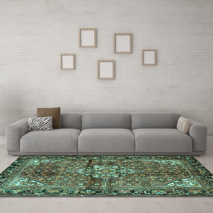 Machine Washable Persian Turquoise Traditional Area Rugs in a Living Room,, wshtr4073turq