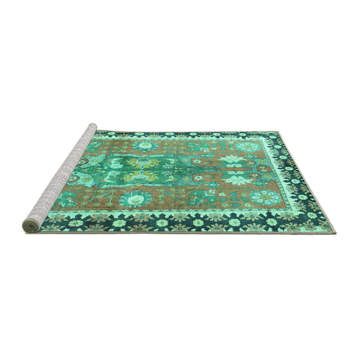 Sideview of Machine Washable Persian Turquoise Traditional Area Rugs, wshtr4074turq